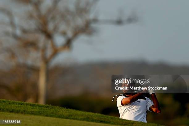 Miguel Angel Carballo of Argentina hits out of a bunker on the 8th fairway during the third round of the Cartagena de Indias at Karibana Championship...