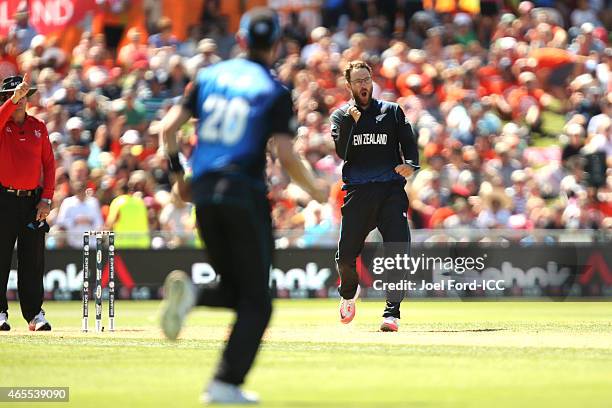 Daniel Vettori of the Black Caps celebrates taking the wicket of Afsar Zazai of Afghanistan during the 2015 ICC Cricket World Cup match between New...