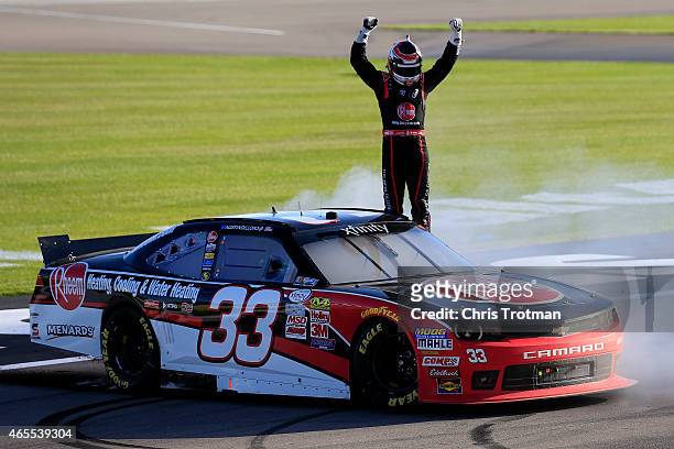 Austin Dillon, driver of the Rheem Chevrolet, celebrates with a burn-out after winning the NASCAR XFINITY Series Boyd Gaming 300 at Las Vegas Motor...
