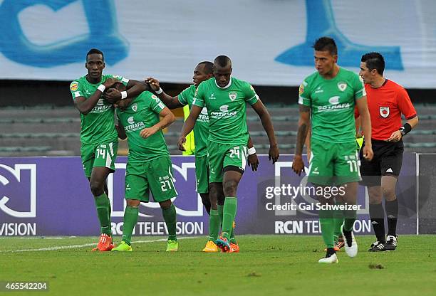 Sebastián Villota of La Equidad celebrates with teammates after scoring the opening goal during a match between Millonarios and La Equidad as part of...