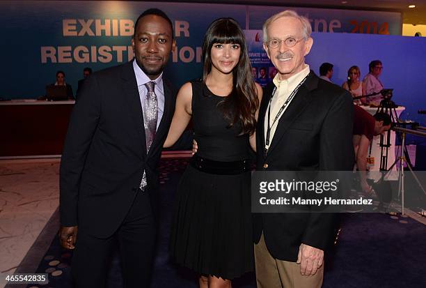 Lamorne Morris, Hannah Simone and and Dickie Smothers are sighted at NATPE 2014 in Miami Beach at Fontainebleau Miami Beach on January 27, 2014 in...