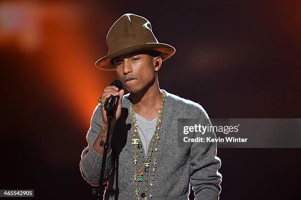 Recording artist Pharrell Williams performs onstage during "The Night That Changed America: A GRAMMY Salute To The Beatles" at the Los Angeles...