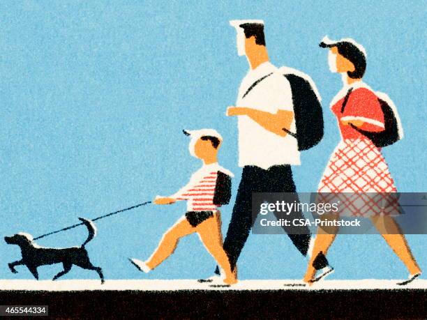vector art of a family of three walking with the dog - family hiking stock illustrations
