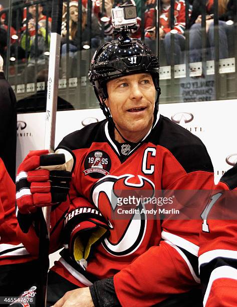 Scott Stevens of the New Jersey Devils Red Team looks on from the bench against the New Jersey Devils White Team during the 1995 Stanley Cup...