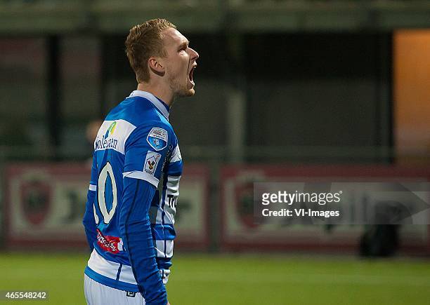 Stef Nijland of Pec Zwolle is enorm blij met zijn eerste doelpunt. During the Dutch Eredivisie match between PEC Zwolle and SC Cambuur Leeuwarden at...