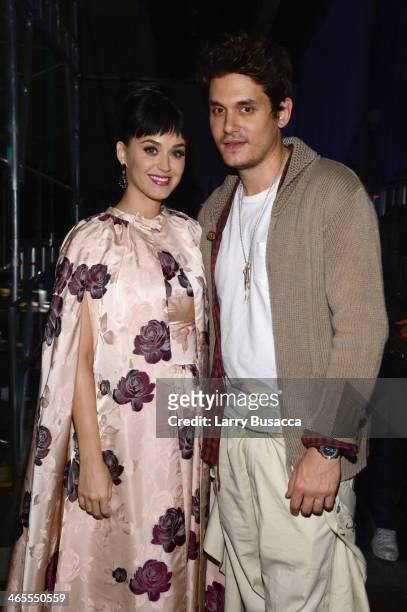 Recording artists Katy Perry and John Mayer pose backstage at "The Night That Changed America: A GRAMMY Salute To The Beatles" at the Los Angeles...