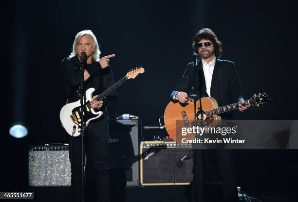 Recording artists Joe Walsh and Jeff Lynne perform onstage during "The Night That Changed America: A GRAMMY Salute To The Beatles" at the Los Angeles...