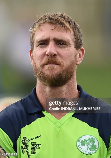 In this picture taken on March 7 Ireland cricketer John Mooney looks on at the Bellerive Oval ground during the 2015 Cricket World Cup Pool B match...