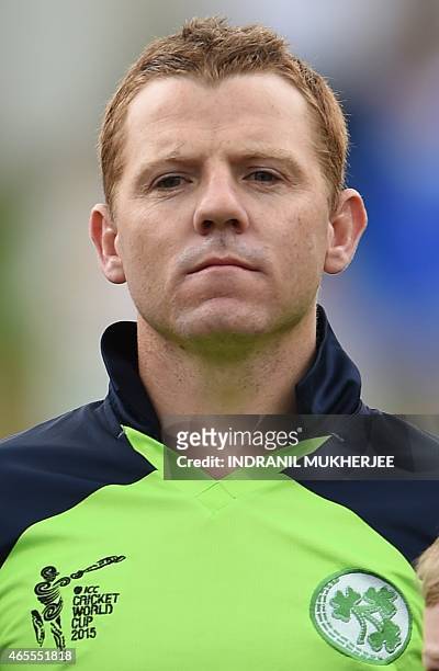 In this picture taken on March 7 Ireland cricketer Niall O'Brien looks on at the Bellerive Oval ground during the 2015 Cricket World Cup Pool B match...