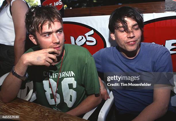 Damon Albarn and Graham Coxon of Blur attend an interview at Live 105's BFD 1997 at Shoreline Amphitheatre on June 13, 1997 in Mountain View...