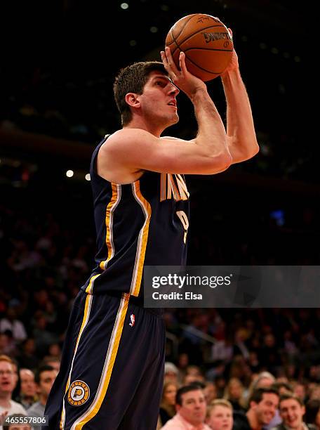 Damjan Rudez of the Indiana Pacers takes a three point shot in the fourth quarter against the New York Knicks at Madison Square Garden on March 7,...