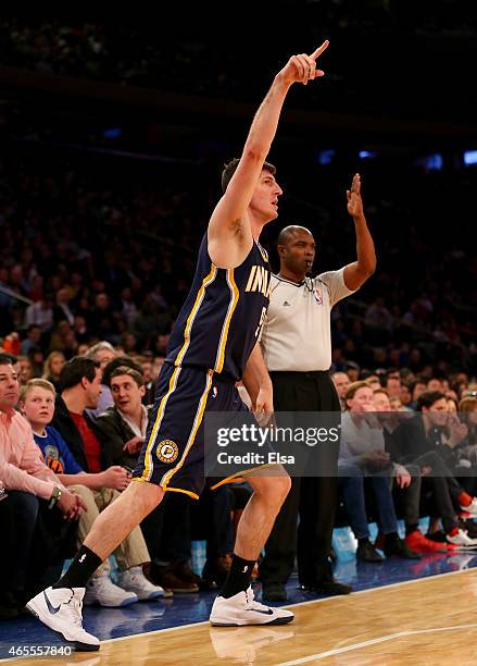 Damjan Rudez of the Indiana Pacers celebrates his three point shot in the fourth quarter against the New York Knicks at Madison Square Garden on...