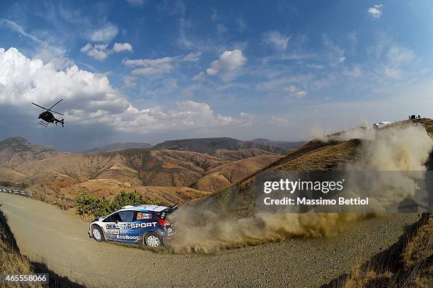 Elfyn Evans of Great Britain and Daniel Barritt of Great Britain compete in their M-Sport WRT Ford Fiesta RS WRC during Day Two of the WRC Mexico on...