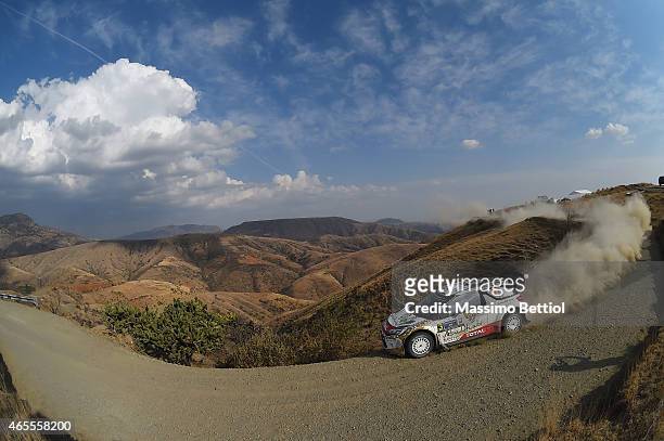 Kris Meeke of Great Britain and Paul Nagle of Ireland compete in their Citroen Total Abu Dhabi WRT Citroen DS3 WRC during Day Two of the WRC Mexico...