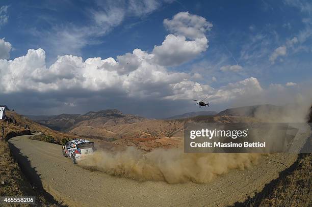 Andreas Mikkelsen of Norway and Ola Floene of Norway compete in their Volkswagen Motorsport II Volkswagen Polo R WRC during Day Two of the WRC Mexico...