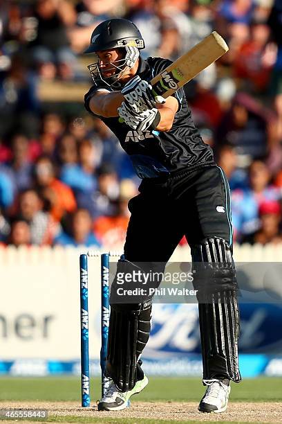 Ross Taylor of New Zealand bats during game four of the men's one day international series between New Zealand and India at Seddon Park on January...