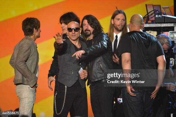 Musicians Keith Urban, Kenny Aronoff, Dave Grohl and James Valentine onstage during "The Night That Changed America: A GRAMMY Salute To The Beatles"...