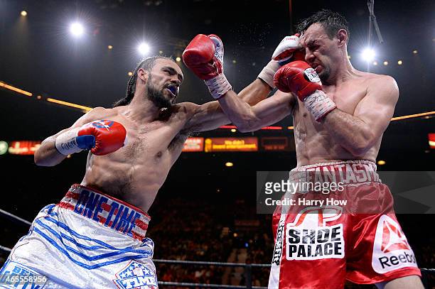Robert Guerrero and Keith Thurman fight during a Premier Boxing Champions bout in the MGM Grand Garden Arena on March 7, 2015 in Las Vegas, Nevada.