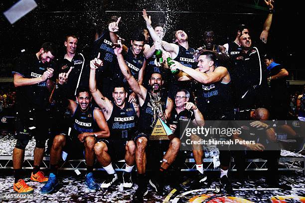 The Breakers celebrate after winning game two of the NBL Grand Final series between the New Zealand Breakers and the Cairns Taipans at North Shore...