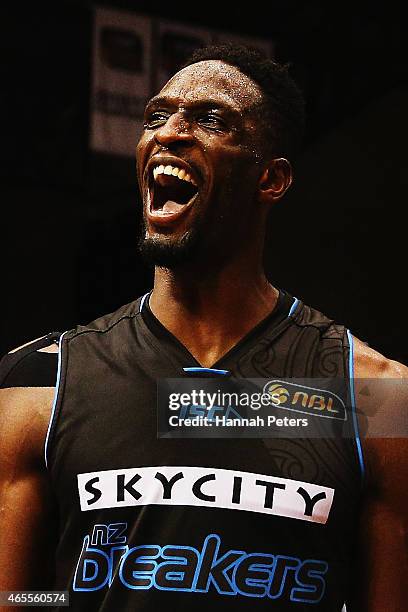 Ekene Ibekwe of the Breakers celebrates after winning game two of the NBL Grand Final series between the New Zealand Breakers and the Cairns Taipans...