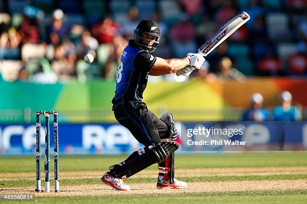 Grant Elliott of New Zealand bats during the 2015 ICC Cricket World Cup match between New Zealand and Afghanistan at McLean Park on March 8, 2015 in...