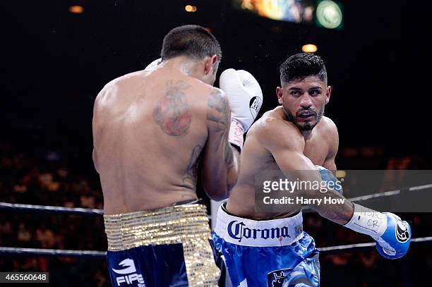 Abner Mares fights Arturo S. Reyes during a Premier Boxing Champions bout in the MGM Grand Garden Arena on March 7, 2015 in Las Vegas, Nevada.