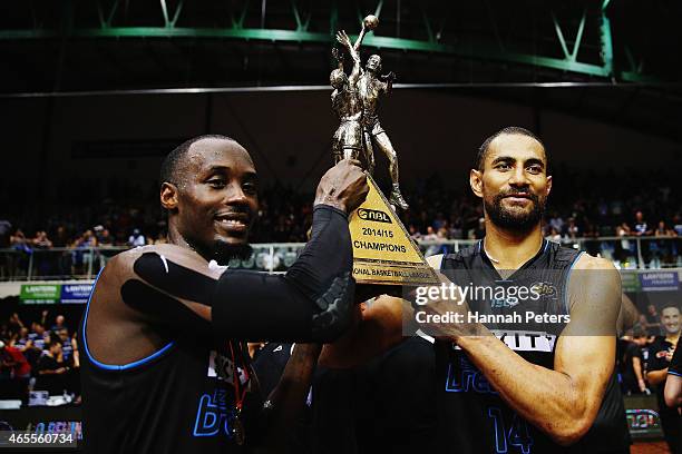 Cedric Jackson of the Breakers celebrates with Mika Vukona of the Breakers after winning game two of the NBL Grand Final series between the New...