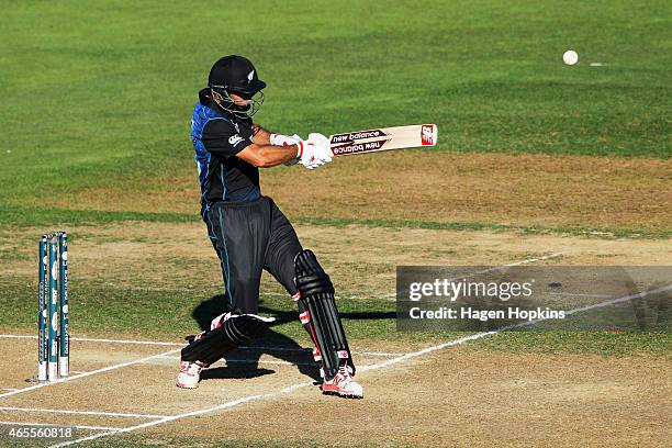 Grant Elliott of New Zealand bats during the 2015 ICC Cricket World Cup match between New Zealand and Afghanistan at McLean Park on March 8, 2015 in...