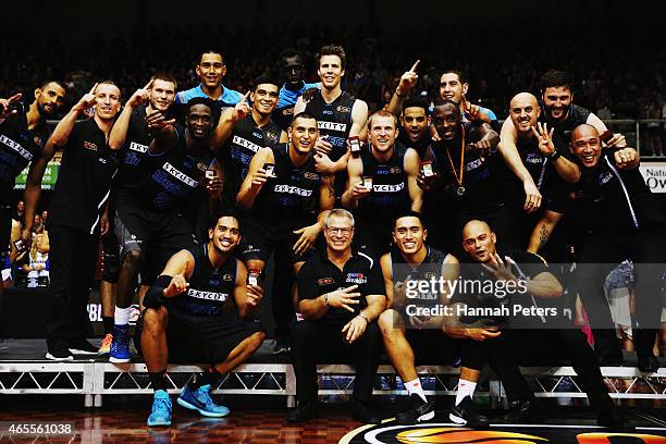 The Breakers celebrate after winning game two of the NBL Grand Final series between the New Zealand Breakers and the Cairns Taipans at North Shore...