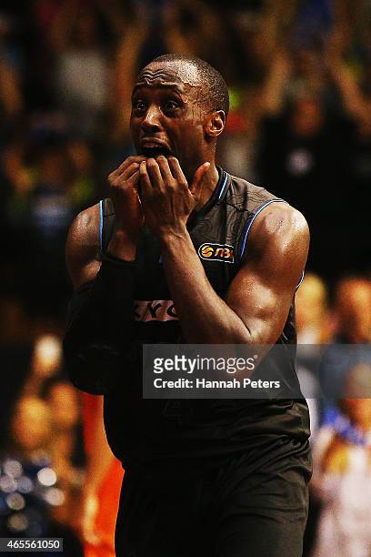 Cedric Jackson of the Breakers reacts after a foul is called during game two of the NBL Grand Final series between the New Zealand Breakers and the...