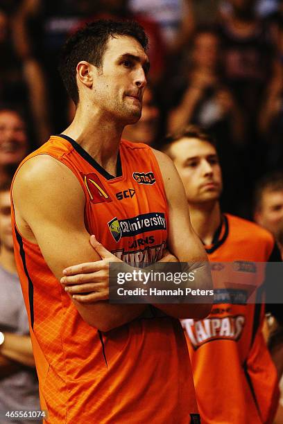 Matt Burston of the Taipans looks on after losing game two of the NBL Grand Final series between the New Zealand Breakers and the Cairns Taipans at...