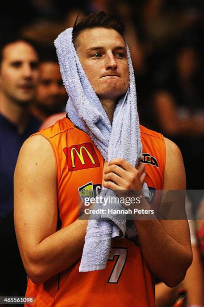 Shaun Bruce of the Taipans looks on after losing game two of the NBL Grand Final series between the New Zealand Breakers and the Cairns Taipans at...