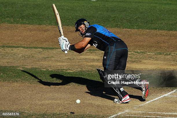 Ross Taylor of New Zealand bats during the 2015 ICC Cricket World Cup match between New Zealand and Afghanistan at McLean Park on March 8, 2015 in...