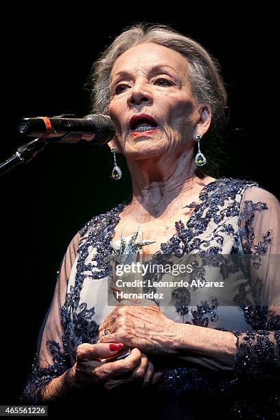 Mexican actress, screenwriter and producer Isela Vega receives the Mayahuel de Plata award during the opening celebration of the 30° Guadalajara...