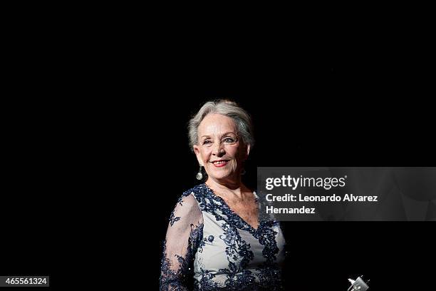 Mexican actress, screenwriter and producer Isela Vega receives the Mayahuel de Plata award during the opening celebration of the 30° Guadalajara...