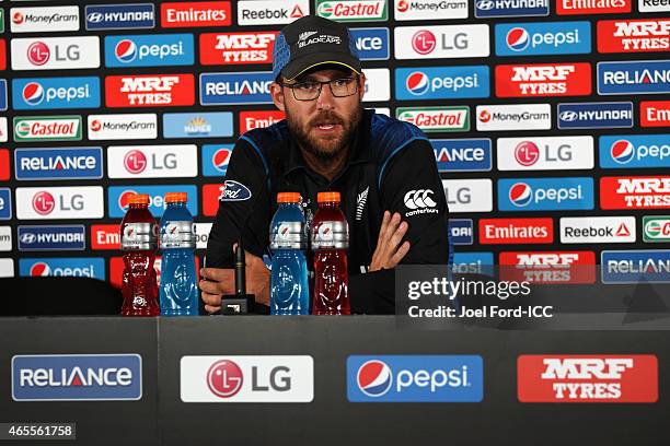 Daniel Vettori of New Zealand speaks at a post-match press conference during the 2015 ICC Cricket World Cup match between New Zealand and Afghanistan...