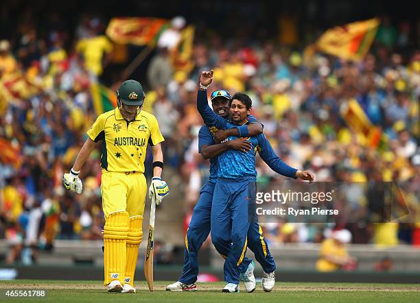 Tillakaratne Dilshan of Sri Lanka celebrates after taking the wicket of Steve Smith of Australia during the 2015 ICC Cricket World Cup match between...