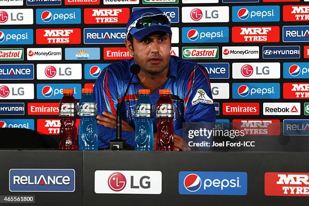 Mohammad Nabi of Afghanistan speaks at a post-match press conference during the 2015 ICC Cricket World Cup match between New Zealand and Afghanistan...