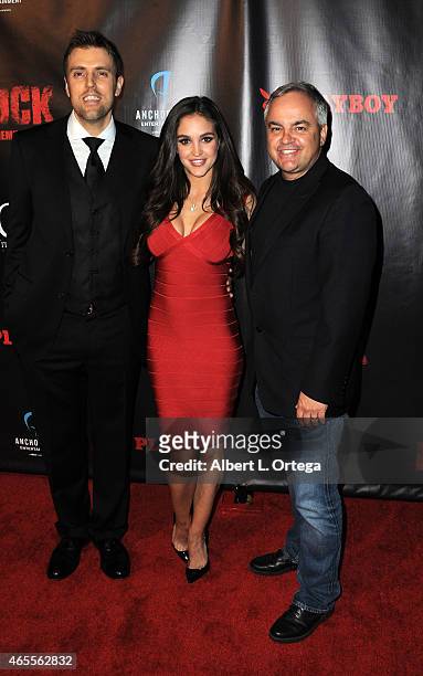 Director Steve Wolsh, actress Raquel Pomplun and Kevin Kasha of Anchor Bay at the "Muck" Premiere held at The Playboy Mansion on February 26, 2015 in...