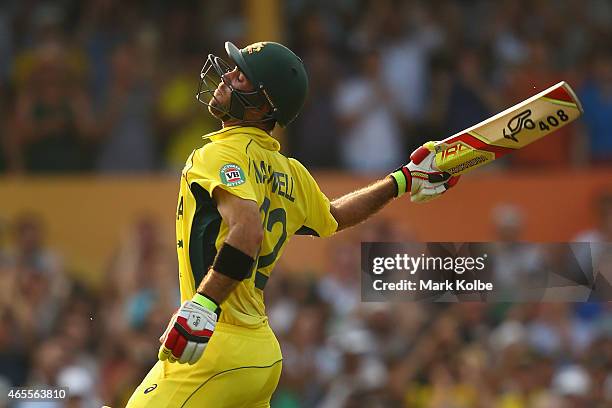 Glenn Maxwell of Australia celebrates his century during the 2015 ICC Cricket World Cup match between Australia and Sri Lanka at Sydney Cricket...