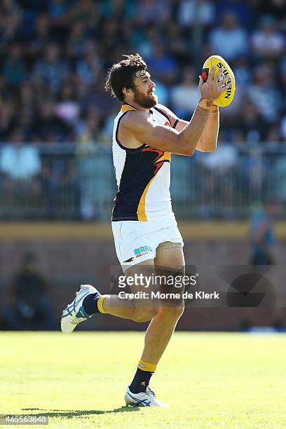 Josh Kennedy of the Eagles takes a mark during the NAB Challenge match between the Port Adelaide Power and the West Coast Eagles at Norwood Oval on...