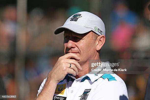 Ken Hinkley, coach of Port Adelaide looks on during the NAB Challenge match between the Port Adelaide Power and the West Coast Eagles at Norwood Oval...