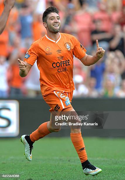 Brandon Borrello of the Roar celebrates after scoring a goal during the round 20 A-League match between the Brisbane Roar and the Western Sydney...
