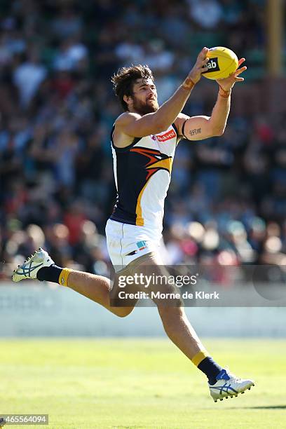 Josh Kennedy of the Eagles takes a mark during the NAB Challenge match between the Port Adelaide Power and the West Coast Eagles at Norwood Oval on...