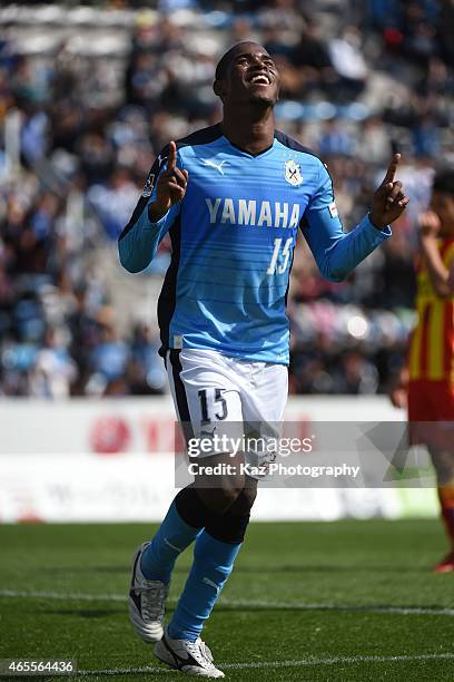 Adailton of Jubilo Iwata celebrates his 1st goal of J league during the J.League second division match between Jubilo Iwata and Giravanz Kitakyushu...