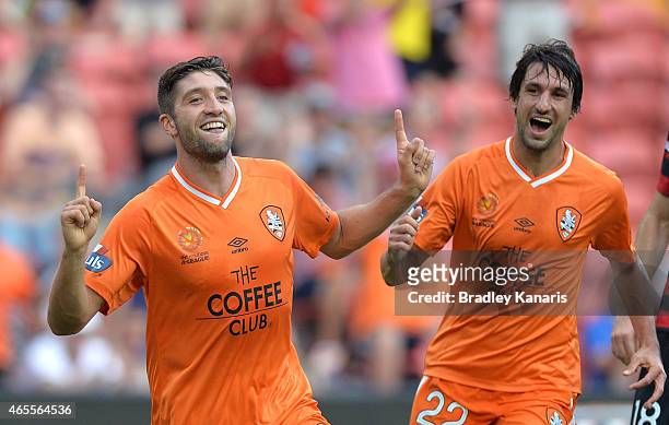 Brandon Borrello of the Roar celebrates after scoring a goal during the round 20 A-League match between the Brisbane Roar and the Western Sydney...