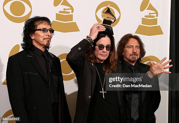 Tony Iommi, Ozzy Osbourne and Geezer Butler of 'Black Sabbath' pose in the press room at the 56th Annual GRAMMY Awards at Staples Center on January...