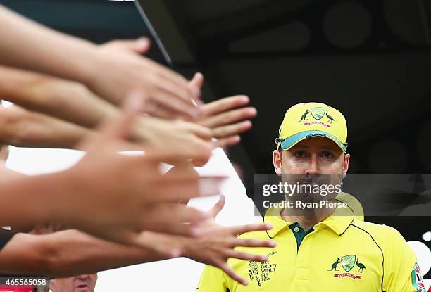 Michael Clarke of Australia walks out to field during the 2015 ICC Cricket World Cup match between Australia and Sri Lanka at Sydney Cricket Ground...