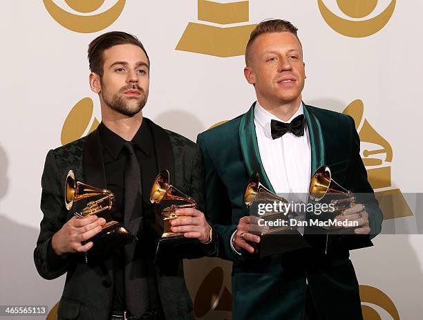 Ryan Lewis and Macklemore pose in the press room at the 56th Annual GRAMMY Awards at Staples Center on January 26, 2014 in Los Angeles, California.