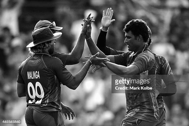Thisara Perera of Sri Lanka celebrates taking the wicket of during the 2015 ICC Cricket World Cup match between Australia and Sri Lanka at Sydney...